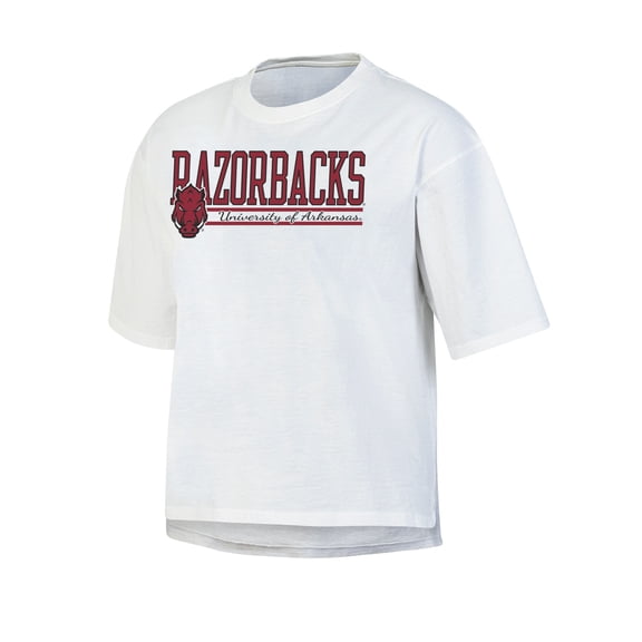 NCAA Women's Arkansas Razorbacks White Short Sleeve Boxy Tee with Hi-Lo Hem