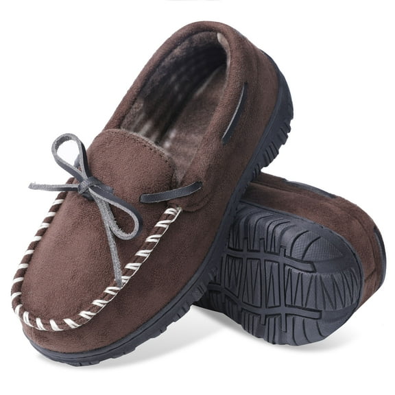 NCCB Boy's Moccasin Slippers Memory Foam Nonslip Indoor Outdoor shoes Brown 12