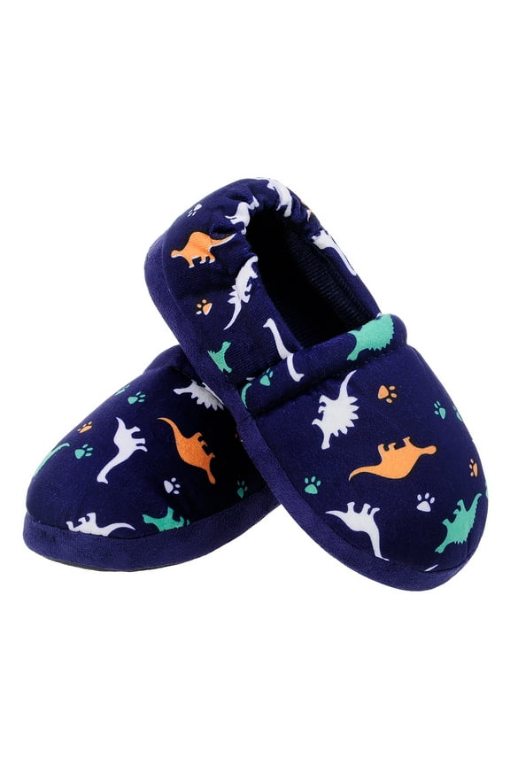 Boy's Slippers Memory Foam Dinosaur Slippers Toddler Little Big Kids Slip on House Shoes with Non-Slip Sole Blue Size 11-12