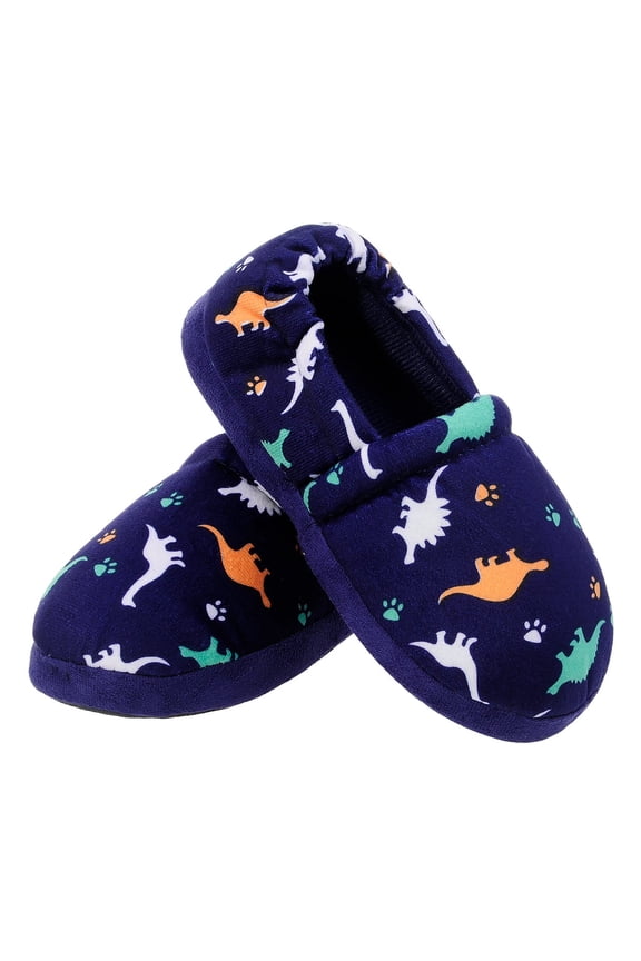 Boy's Slippers Memory Foam Dinosaur Slippers Toddler Little Big Kids Slip on House Shoes with Non-Slip Sole Blue Size 7-8