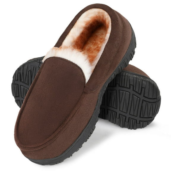 NCCB Boys Moccasin Slippers Girls Memory Foam House Shoes Plush Lining Non Slip Bedroom Slippers Indoor Outdoor Brown 4 Big Kid