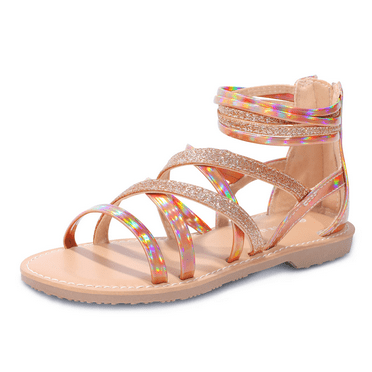 NCCB Girls Gladiator Sandals Cute Open Toe Breathable Summer Strappy Sandals for Girls with Zipper Gold 3 Big Kid