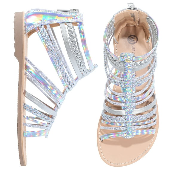NCCB Girls Gladiator Sandals Cute Open Toe Breathable Summer Strappy Sandals for Girls with Zipper Silver 5 Big Kid