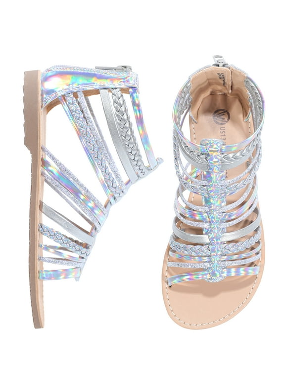 NCCB Girls Gladiator Sandals Cute Open Toe Breathable Summer Strappy Sandals for Girls with Zipper Silver 5 Big Kid
