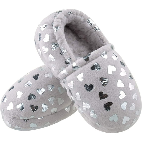 NCCB Girls Slippers No-Slip Memory Foam Slippers Soft Rubber Sole House Shoes for Indoor Outdoor Shiny Grey Size 1
