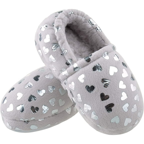 NCCB Girls Slippers No-Slip Memory Foam Slippers Soft Rubber Sole House Shoes for Indoor Outdoor Shiny Grey Size 3