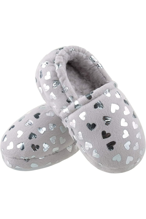 Girls Slippers No-Slip Memory Foam Slippers Soft Rubber Sole House Shoes for Indoor Outdoor Shiny Grey Size 3