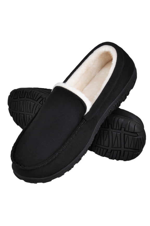 Men's Slippers Mens Moccasin Slippers with Memory Foam Fuzzy Faux Fur House Slippers Indoor Outdoor Bedroom Shoes Black 10