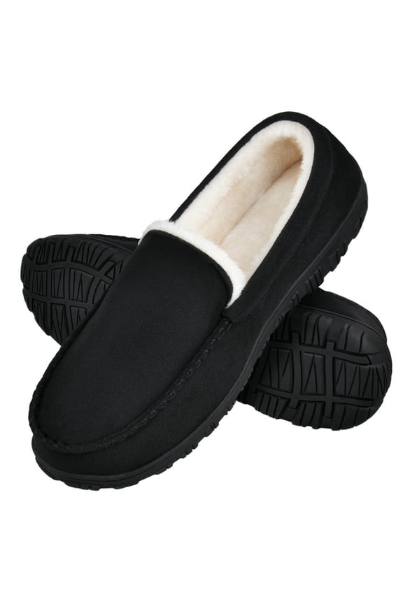 Men's Slippers Mens Moccasin Slippers with Memory Foam Fuzzy Faux Fur House Slippers Indoor Outdoor Bedroom Shoes Black 11