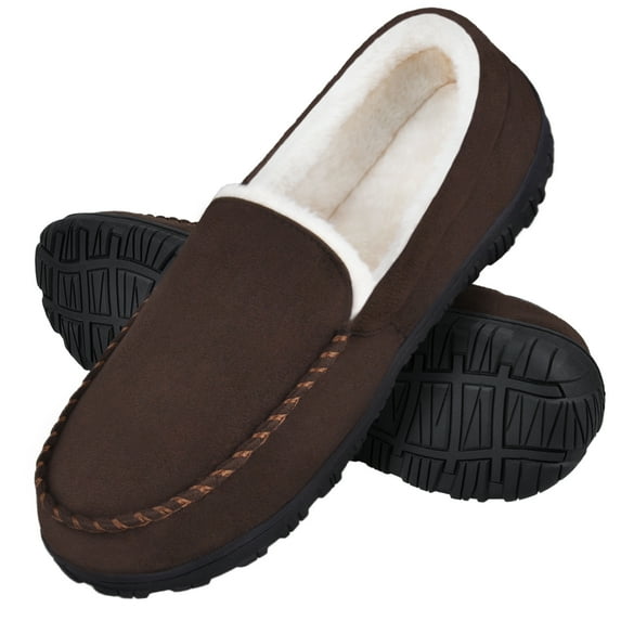 NCCB Men's Slippers Mens Moccasin Slippers with Memory Foam Fuzzy Faux Fur House Slippers Indoor Outdoor Bedroom Shoes Brown 11