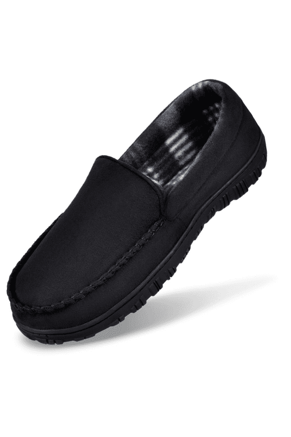 Mens Slippers Mens Moccasin Slippers Memory Foam Indoor Outdoor House Slippers for Men Anti-Slip Rubber Sole Black Size 10