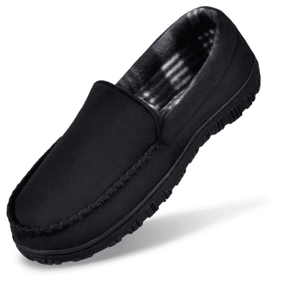 NCCB Mens Slippers Mens Moccasin Slippers Memory Foam Indoor Outdoor House Slippers for Men Anti-Slip Rubber Sole Black Size 11