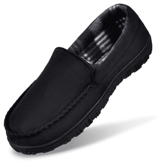 NCCB Mens Slippers Mens Moccasin Slippers Memory Foam Indoor Outdoor House Slippers for Men Anti-Slip Rubber Sole Black Size 11