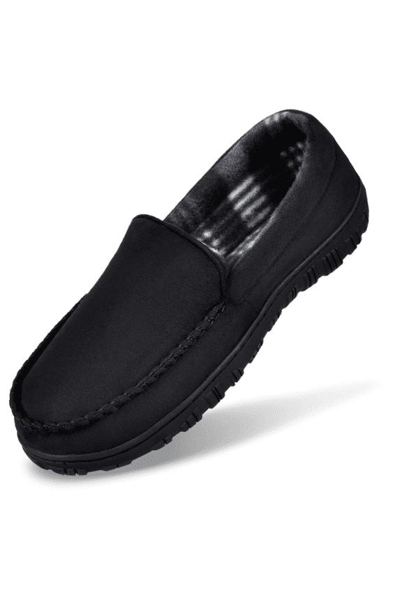 Mens Slippers Mens Moccasin Slippers Memory Foam Indoor Outdoor House Slippers for Men Anti-Slip Rubber Sole Black Size 12