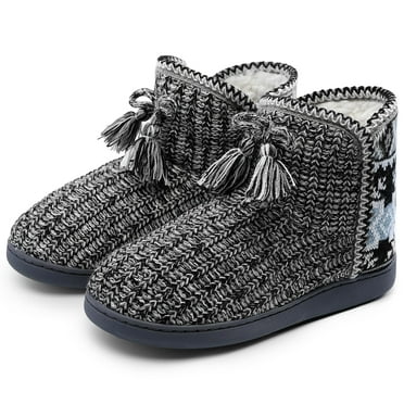 NCCB Womens Bootie Slippers Plush Fleece Memory Foam Indoor House Shoes Knit Bootie Slippers for Women Grey 7-8