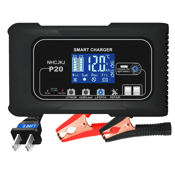 NCHJKJ Car Battery Charger 12V/20A 24V/10A Automatic Smart Battery Charger/Maintainer with LCD Display Pulse Repair Charger Pack for Car, Lawn Mower, Motorcycle, Boat, SUV and More
