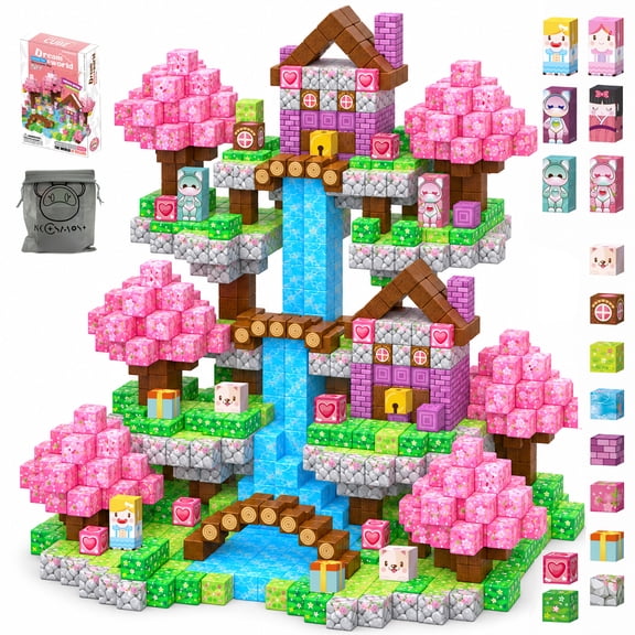 NCOSMOS Magnetic Building Blocks, 96PCS Cherry Blossom Castle Magnet Cube Set, STEM Construction Toy for Kids Ages 3+, Birthday Gifts