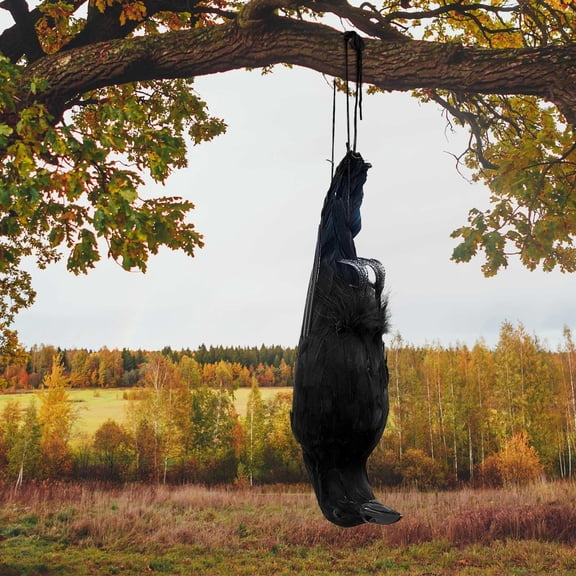 NCQ 2 Pcs 17 Inch Realistic Hanging Dead Crows Decoy Life Size Black Feathered Crow Fake Black Crows for Garden Decorations