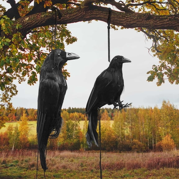 NCQ 2 Pcs 17 Inch Realistic Hanging Dead Crows Decoy Life Size Black Feathered Crow Fake Black Crows for Garden Decorations