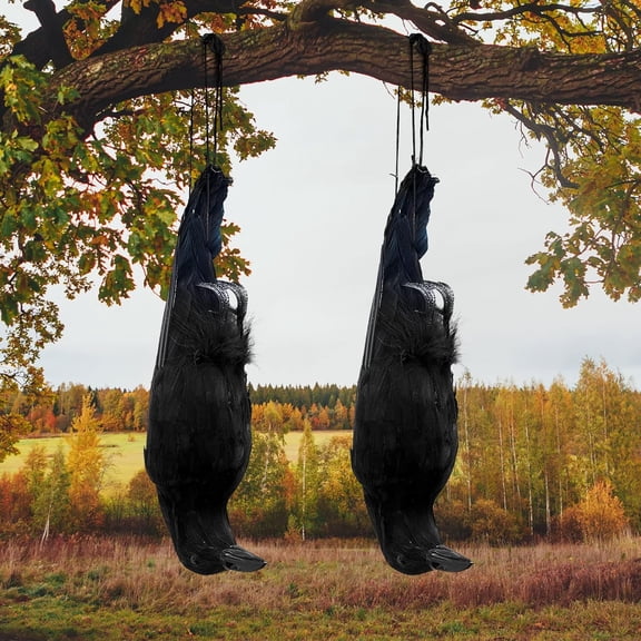 NCQ 2 Pcs 17 Inch Realistic Hanging Dead Crows Decoy Life Size Black Feathered Crow Fake Black Crows for Garden Decorations