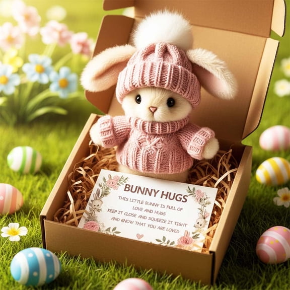 NCQ 2026 New Handmade Bunny Hug Cute Easter with Card & Light, Soft Plush Rabbit Hugs in Box, Easter Basket Bunny Stuffer (Pink)