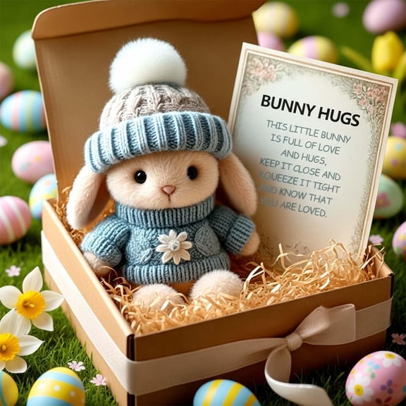 NCQ 2026 New Handmade Bunny Hug Cute Easter with Card & Light, Soft Plush Rabbit Hugs in Box, Easter Basket Bunny Stuffer (Pink)