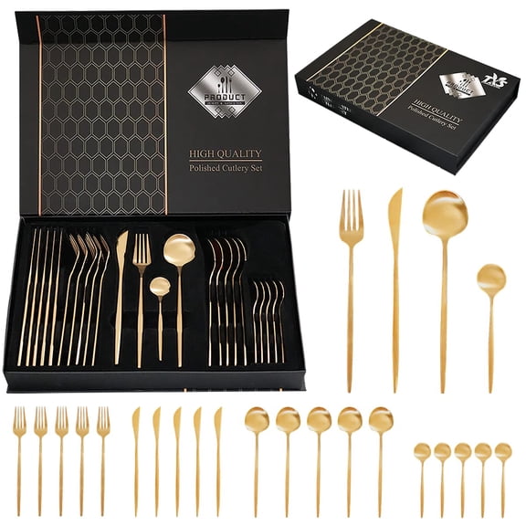 NCQ 24-Piece Gold Silverware Set Gold Flatware Set for 6, Gold Spoons and Forks Set, Stainless Steel Gold Cutlery Set for Home Kitchen Restaurant Wedding, Mirror Polished Utensils Set