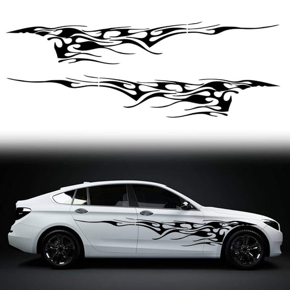 NCQ 2Pcs 94.4'' Universal Flame Graphics Car Auto Body Side Sticker Racing Sports Self-Adhesive Side Strip Decal Decoration Accessories for Truck SUV Off-Road Vehicles (Style2 Black)