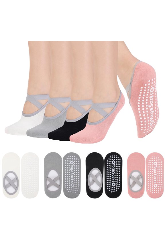 4 Pairs Pilates Socks with Grips for Women X-Cross Straps Non Skid Yoga Grippy Socks Anti Slip Pilates Barre Home