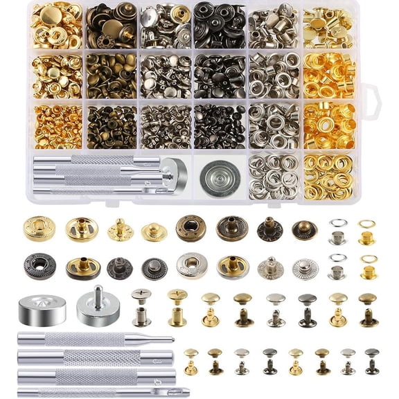 NCQ 400 Set 4 Style Snap Fasteners Kit Including Leather Rivets, Eyelets, Grommets, Binding Screws, Snap Buttons Press Studs kit with Fixing Tools for Thin Leather, Jacket, Jeans Wear