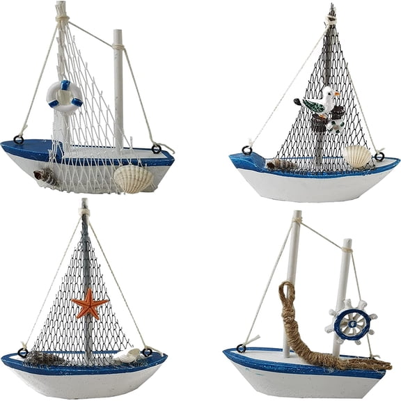 NCQ 4PCS Mini Sailboat Model Decoration Wooden Miniature Sailing Boat Home Decor Set, Beach Nautical Design, Navy Blue and White, 4.4 x 6.8 Inch (StyleB)
