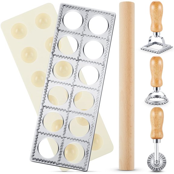 NCQ 5 Pcs Ravioli Mold Set 2 Inch Squares Ravioli Maker Cutter Include 1 Raviolis Maker Press 3 Pasta Cutter Stamp Makers 1 Wood Rolling Pin Pasta Making Tool for Home Kitchen Supplies (12 Holes)