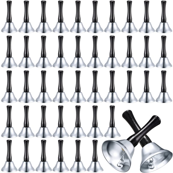 NCQ 50 Pcs Loud Hand Bell Bulk Dinner Service Handbells for Inside Classroom Food Line Alarm Jingles Ringing The Sick and Elderly Handbells Gift for Festival Party Weddings Favors(Silver)