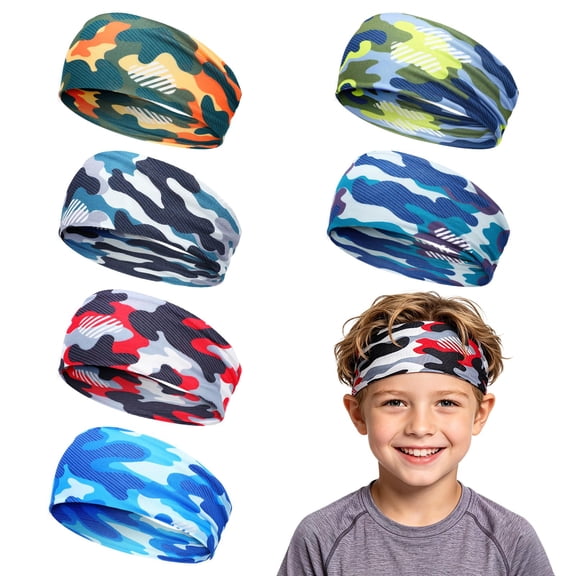 NCQ 6Pcs Breathable Kids Sweat Bands for Ages 4~10 Boys Girls - Wicking Head Bands, Sports Accessories Gifts for Football Soccer Basketball Baseball Running Cycling