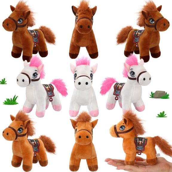 NCQ 9 Pack Horse Stuffed Animals Plush Toy Standing Stuffed Horse 4 Inch Mini Plush with Detachable Chain for Animal Theme Party Birthday Decoration Supplies(Retro Style)