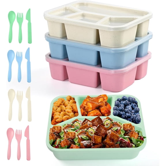 NCQ Bento Lunch Box, 4 Compartments Meal Prep Containers, 4 Pack Reusable Snack Containers, Divided Food Storage Container for Adults (Pink Beige Green Blue)