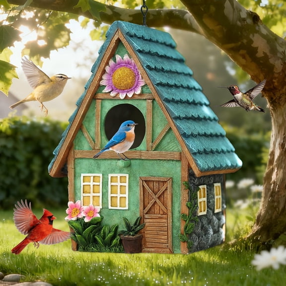NCQ Bird Houses for Outside Cottage Garden Birdhouse –Green Resin Birdhouses for Outdoors with Flower and Stone Details for Bluebird Finches Cardinals Bird Nesting Garden, Patio, Yard