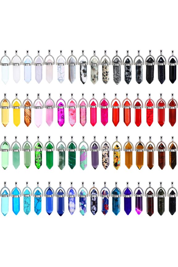Bullet Shape Gemstone Pendant Hexagonal Chakra Crystal Pointed Quartz Pendants Artificial Stone with Storage Bag (64 Pieces)