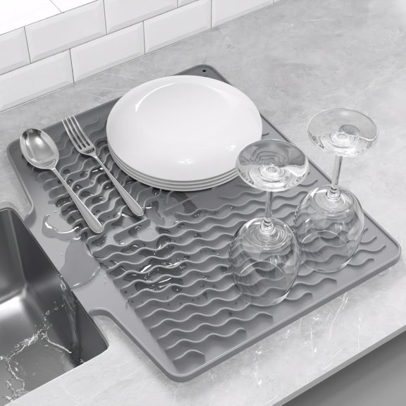 NCQ Dish Drying Mat with Drain, Silicone Mat for Kitchen Counter, Non-Slip Drainer Mat for Kitchen Sink, Countertop Dish Drying Rack, Heat Resistant Kitchen Accesories(Black, 15.6"x13")