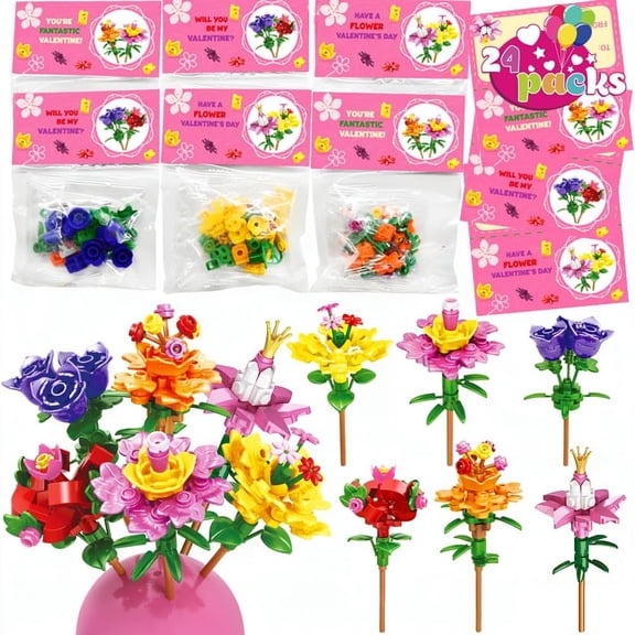 NCQ Flower Bouquet Building Blocks, 24 Packs Romantic Flower Toys Easter Gifts for Kids Easter Theme Party Favors Egg Hunt Basket Stuffer, Classroom Prize Supplies
