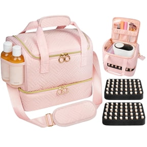 NCQ Nail Polish Organizer Bag Holds 80 Bottles (15ml/0.5fl.oz)& Nail Lamp, Soft Velvet Nail Kit Storage Carrying Case with Shoulder Strap, Double Layer Nail Supplies Organizer Handbag Women (Pink)