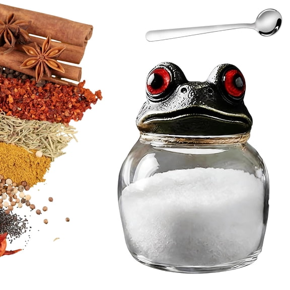 NCQ Witchy Frog Apothecary Spice Jars - Handcrafted Glass Storage Containers with Red-Eyed Frog Lids, Gothic Kitchen Decor for Spices, Herbs, Tea & Salt, Unique Gift & Fun Home Decor (Frog 3Pcs)