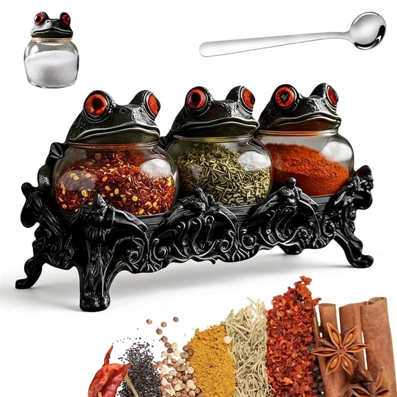 NCQ Witchy Frog Apothecary Spice Jars - Handcrafted Glass Storage Containers with Red-Eyed Frog Lids, Gothic Kitchen Decor for Spices, Herbs, Tea & Salt, Unique Gift & Fun Home Decor (Frog 3Pcs)