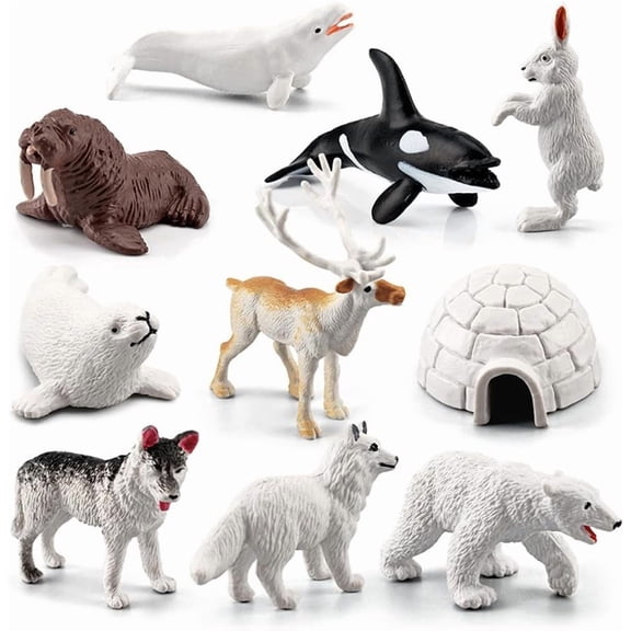 NCQ10 pcs Mini Arctic Animals Figurines Set,Polar Animal Figurines Toy PlaysetIncludes Polar Bear Seal Reindeer Wolf Rabbit Arctic Fox Wolf Figures,Cake Topper Decor, for Kids Birthday Gift