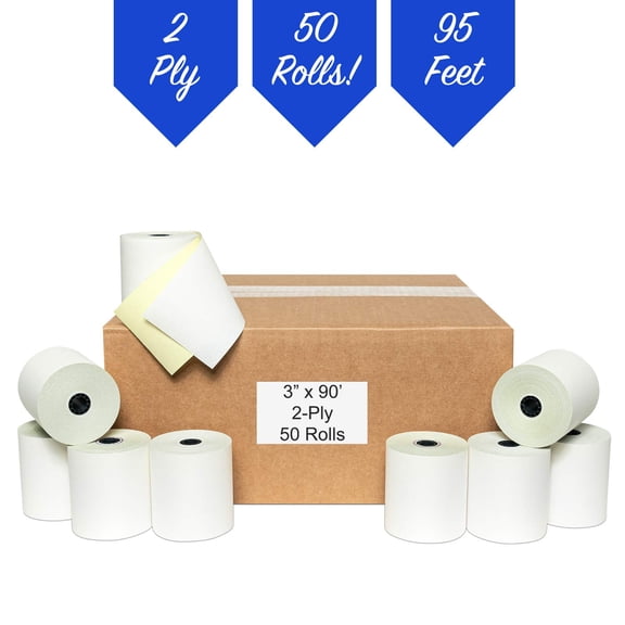 NCR 7445-1000 Carbonless Register Rolls, 3" x 95' 2-Ply BPA Free Paper, End Roll Warning Stripe, for Hypercom T77F M119 Samsung SRP-100, White/Canary