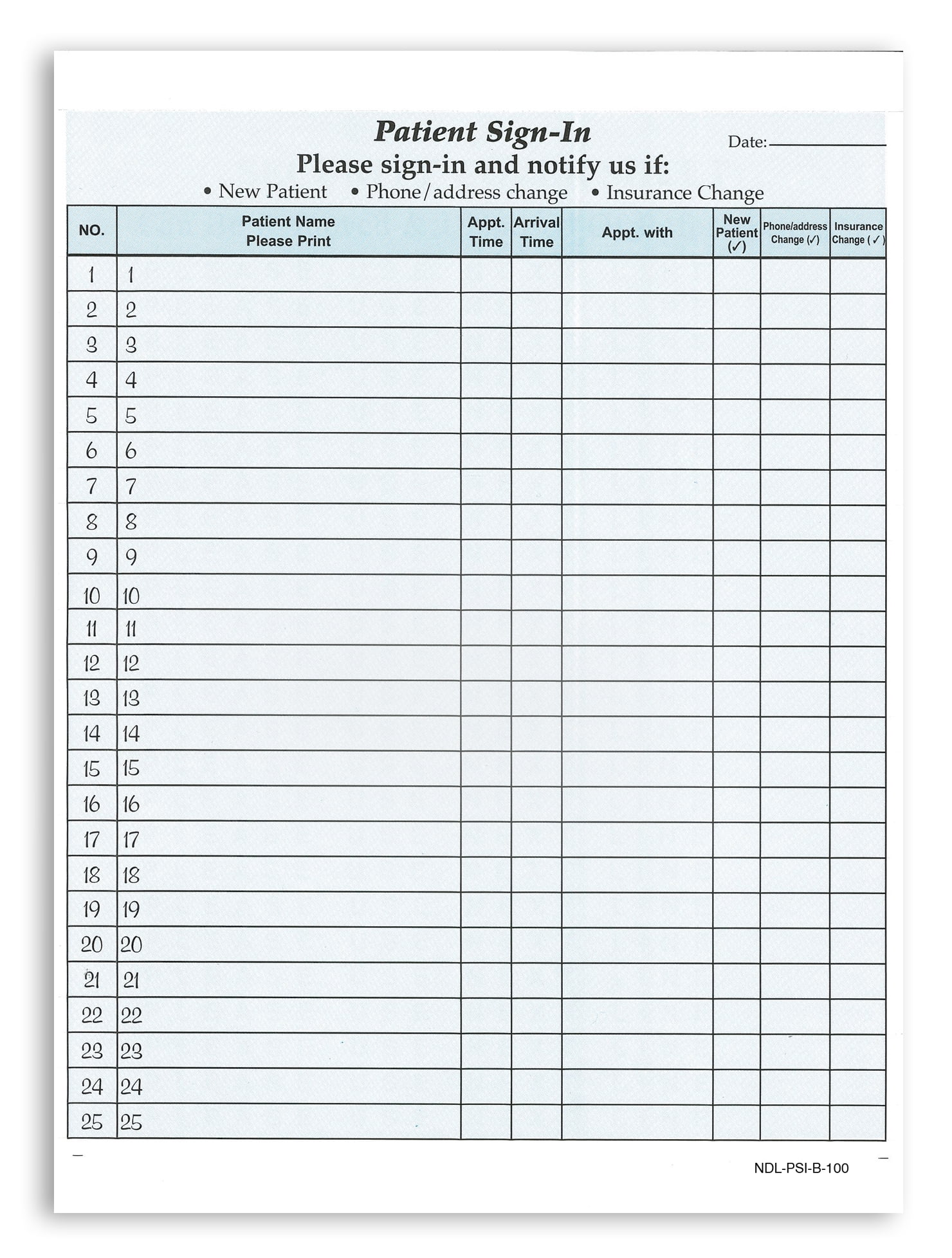 NEXT DAY LABELS NCR Carbonless 2 Part Patients Sign In Forms (Blue) - 25 Sign In Sheets