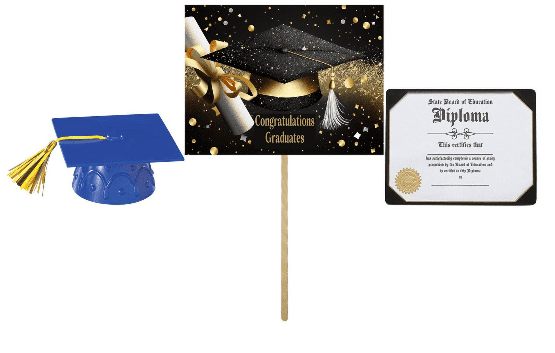 NCS Blue Plastic Graduation Cap Cake Topper with Graduation Diploma 