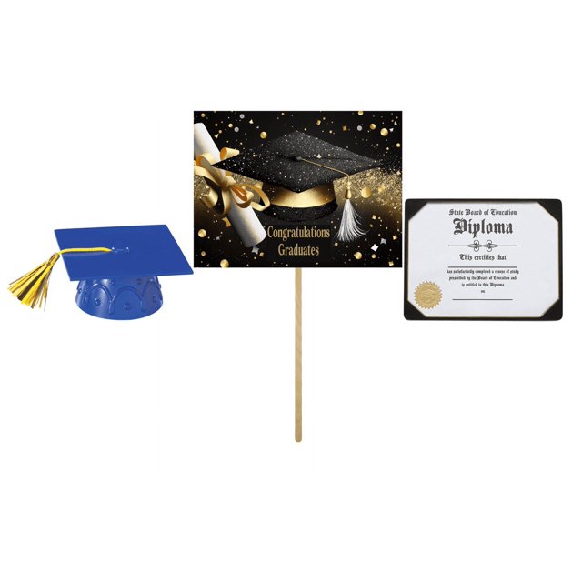 NCS Blue Plastic Graduation Cap Cake Topper with Graduation Diploma Layon and One 3" x 4