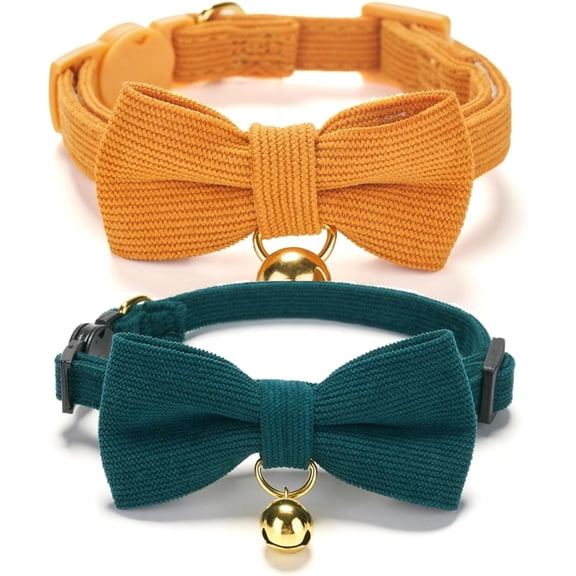 NCY 2 Pack Soft Corduroy Cat Collars with Bow Tie & Bell, Adjustable Breakaway Cotton Kitty Bowtie Collar for Girl Boy Kitten (Orange & Green)