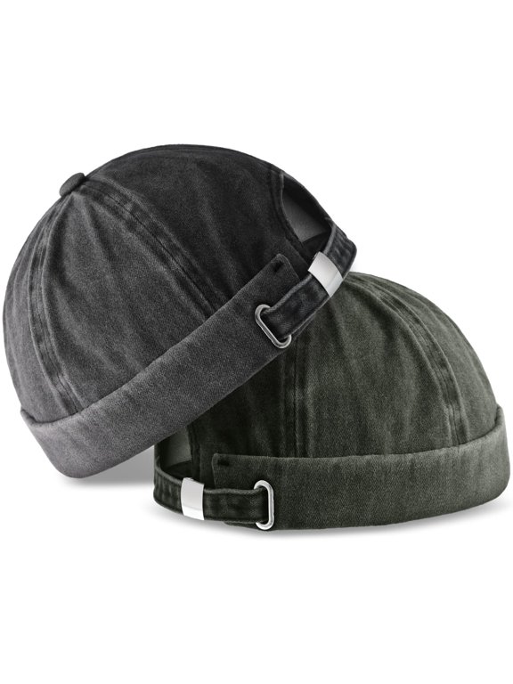 NCY 2 Pieces Brimless Hats for Men Adjustable Docker Cap Casual No Brim Hat Rolled Cuff Sailor Skullcap
